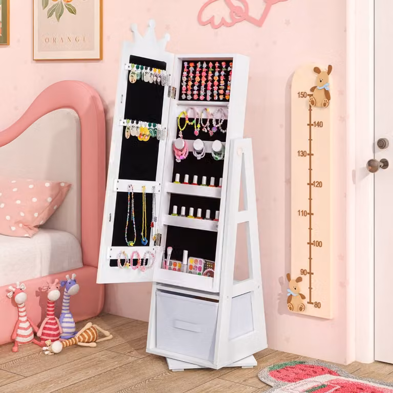 Armadio portagioie Costway per bambini con specchio a figura intera e base girevole, Bianco