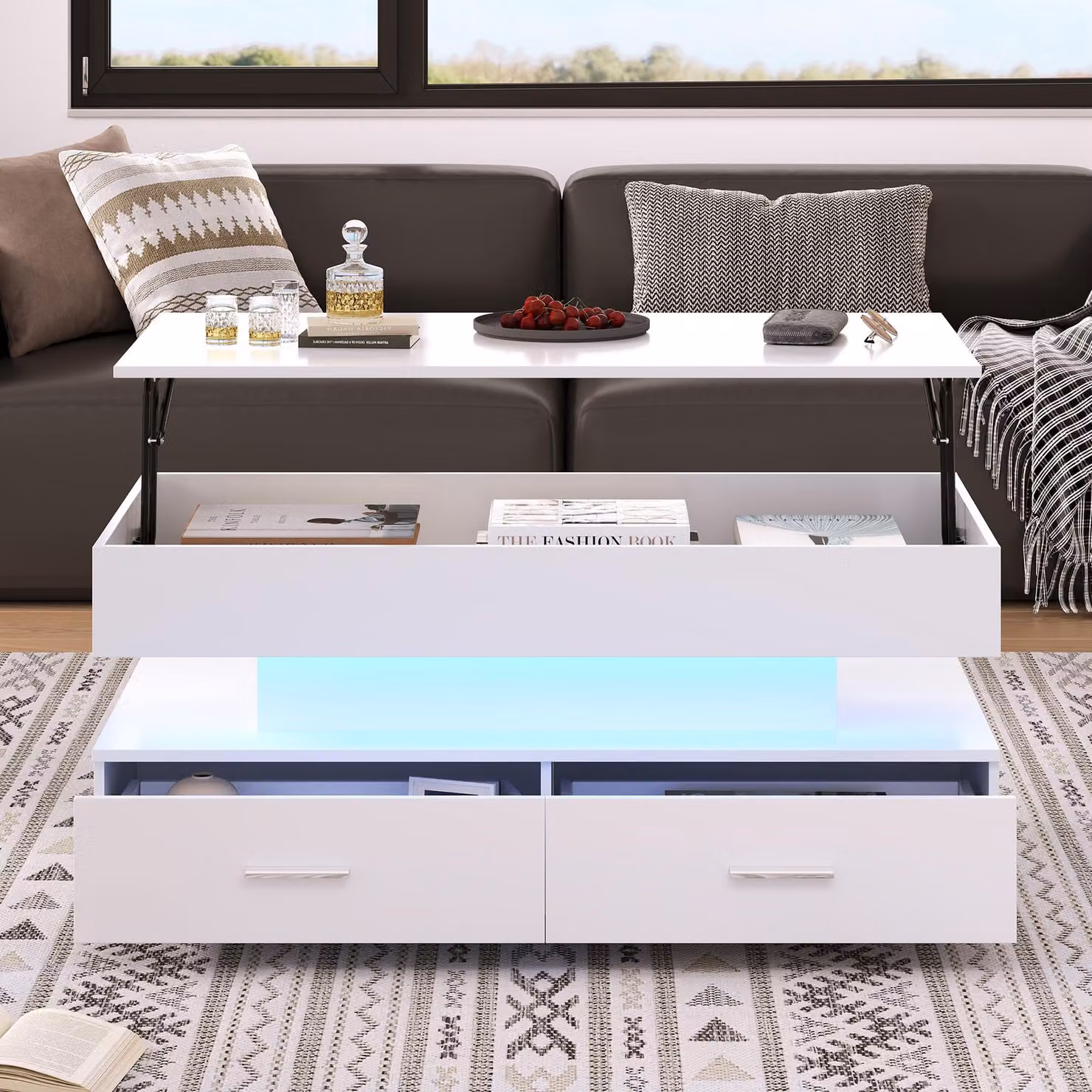 Tavolino da divano, dimensioni 100 x 50 x 44 cm, realizzato in pannello di particelle di legno al 100%, colore bianco, con altezza regolabile, illuminazione a LED, 2 cassetti e spazio aperto per riporre oggetti