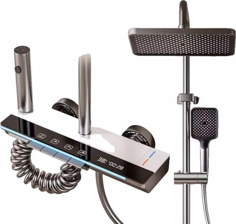 Set doccia, display digitale della temperatura, regolabile in altezza, bianco caldo/freddo