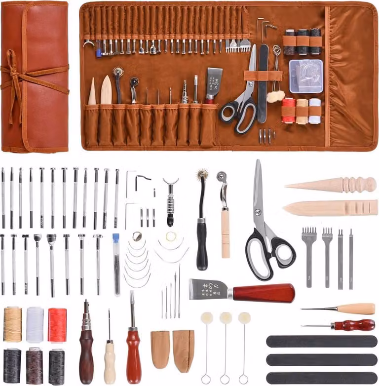 Set di utensili per la lavorazione del cuoio 72 pezzi - Utensili per goffratura, punzonatura e cucitura - Utensili per la lavorazione del cuoio