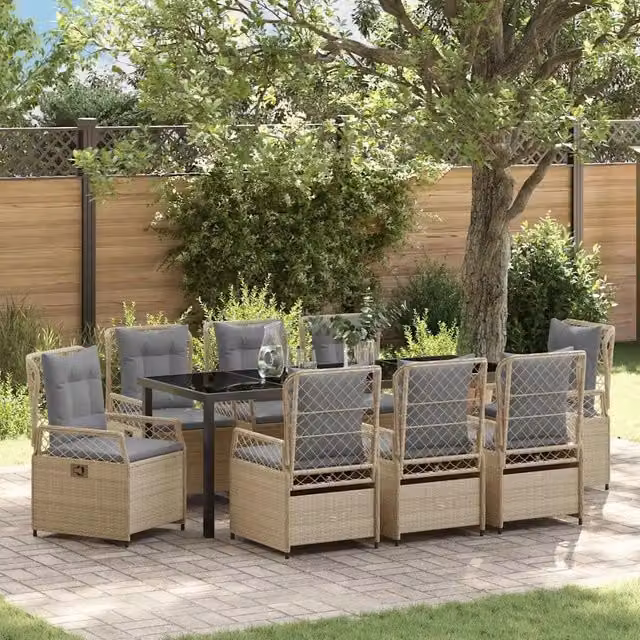 Set da Pranzo per Giardino e Terrazzo vidaXL in Polyrattan con Piano in Vetro, 9 Pezzi, Beige e Grigio, L/P/H: 200 x 110 x 80 cm