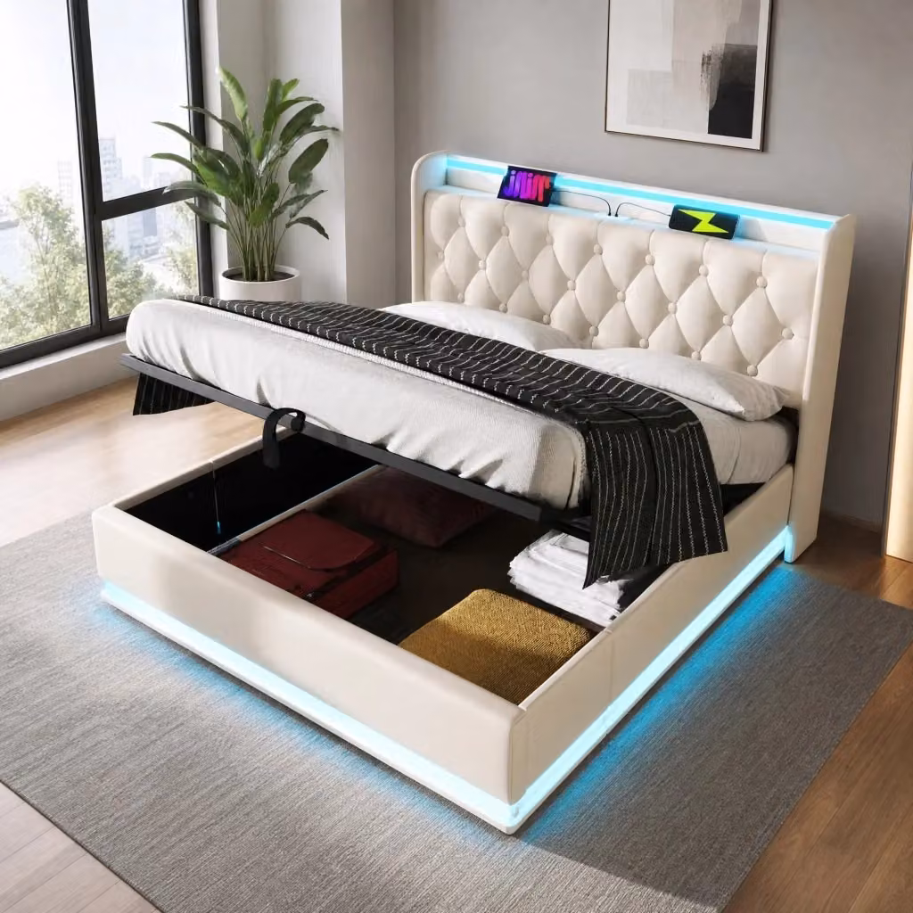 Letto matrimoniale contenitore MODFU con illuminazione LED, porte USB e Type-C, testiera imbottita in ecopelle bianca, L/P: 180 x 200 cm – 2