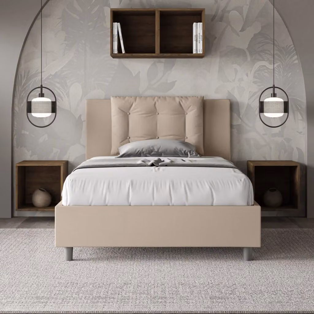 Letto contenitore moderno GIORDANOSHOP con base a sollevamento in tessuto beige L 135 cm x P 222 cm x H 110 cm – 2