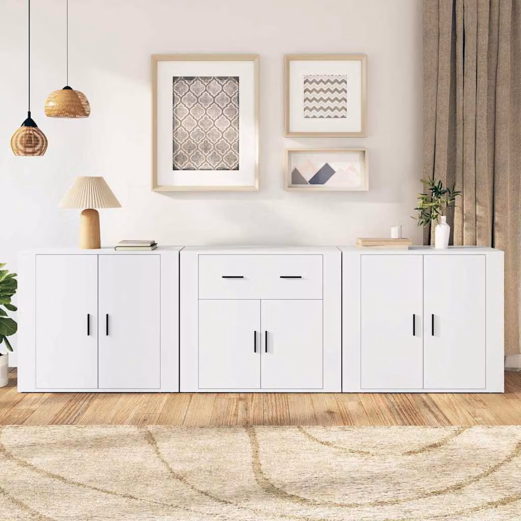 Set di 3 credenze vidaXL in legno multistrato e MDF, colore bianco opaco, stile classico