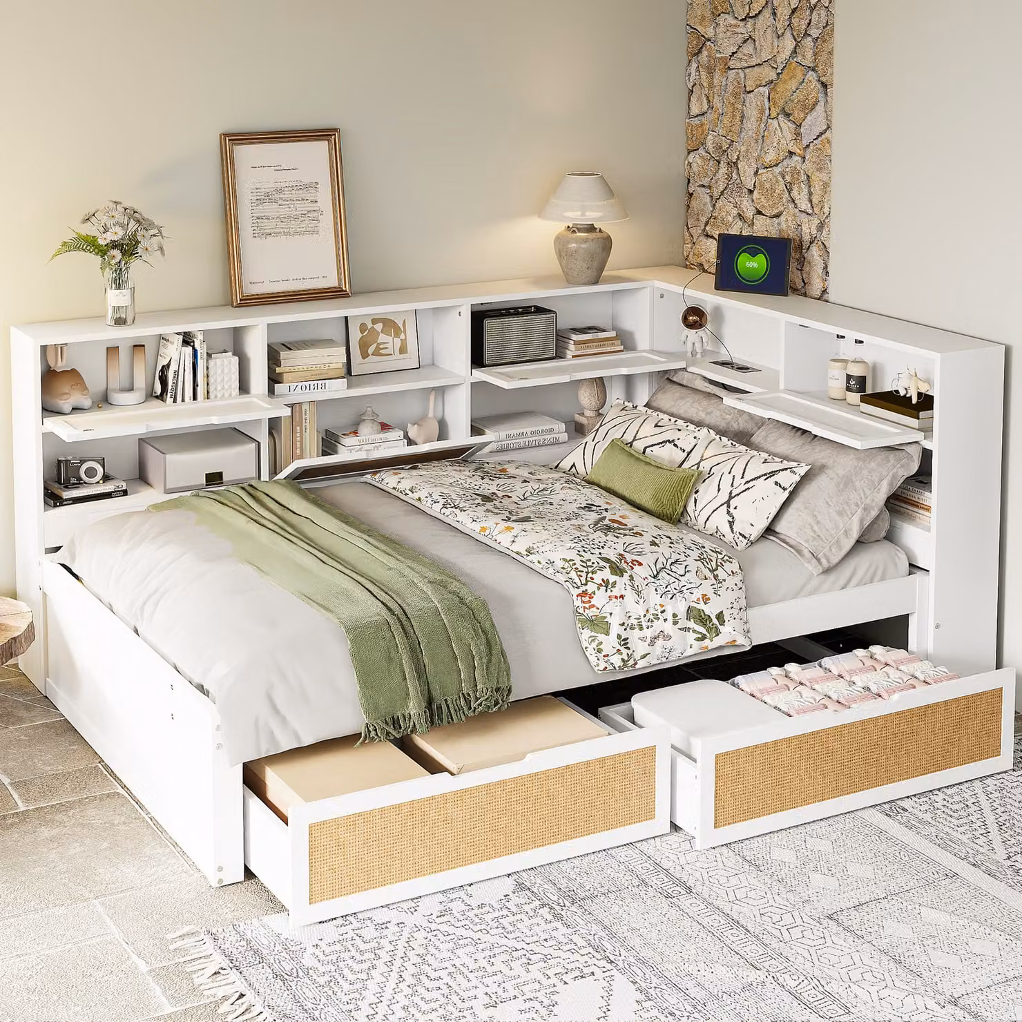 STILVORA Letto per ragazzi Divano letto 140×200 cm Daybed Letto per bambini con letto estraibile, letto matrimoniale con cassetti e presa di ricarica, bianco (con materasso)