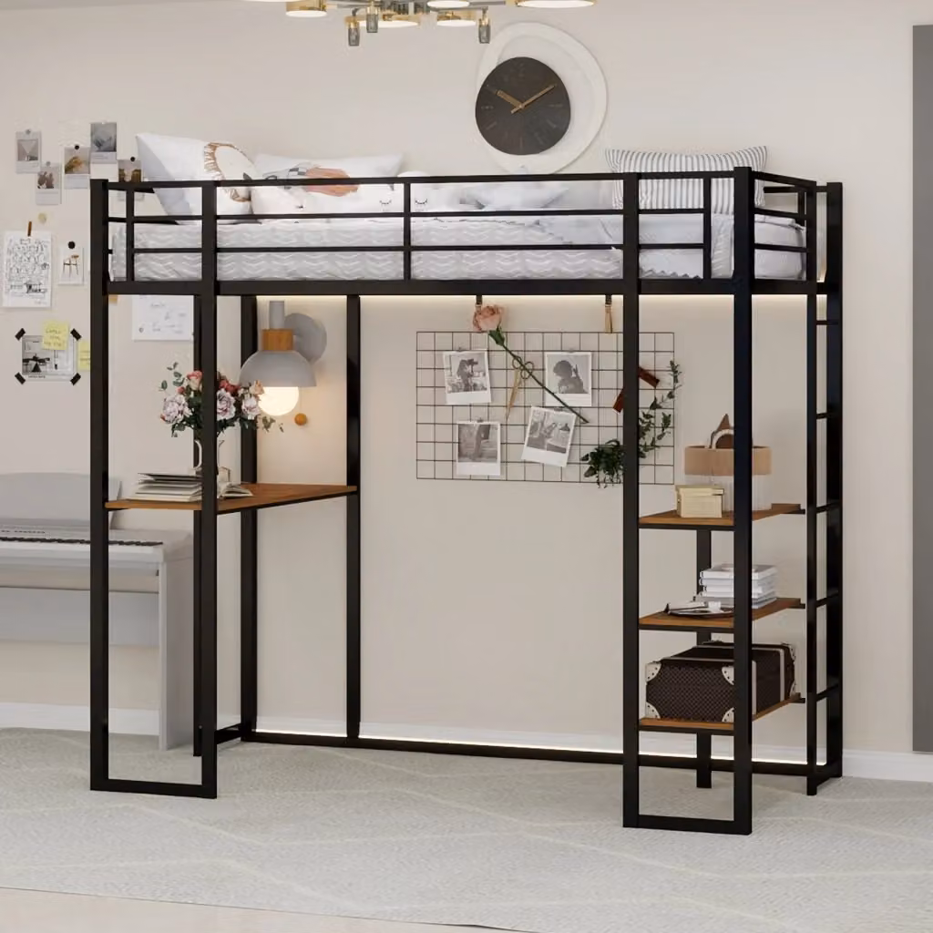 Letto a soppalco REDOM con scrivania e scomparti laterali in metallo nero L 190 cm x P 90 cm – 2