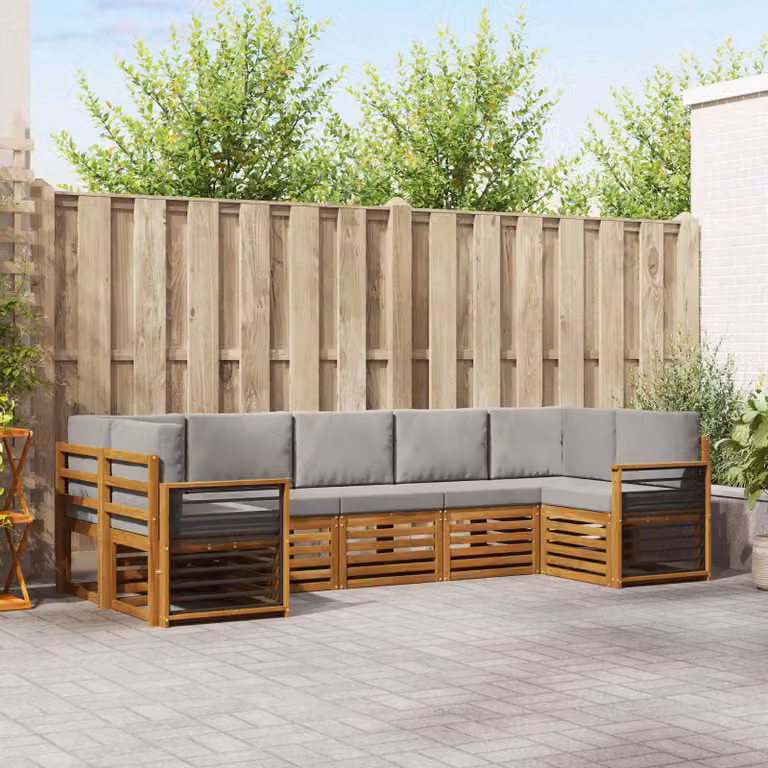 vidaXL Set di divani da esterno a L composto da 7 pezzi in legno di acacia con cuscini, Grigio e Marrone