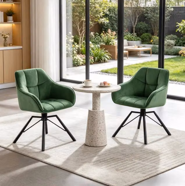 Set 2 sedie da pranzo ULEVR girevoli 360¡ã in velluto verde scuro con braccioli e gambe in metallo