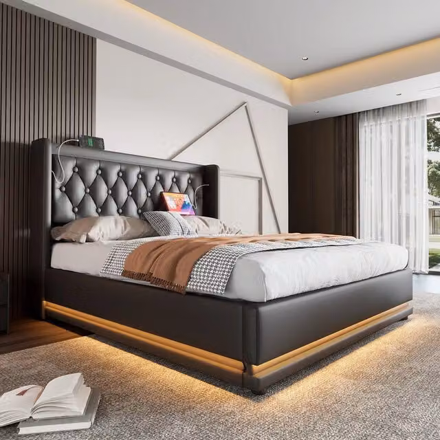 Letto Contenitore Imbottito 180x200 ¨C MINIMAL ¨C Nero, PU, LED, USB, Idraulico, Testiera