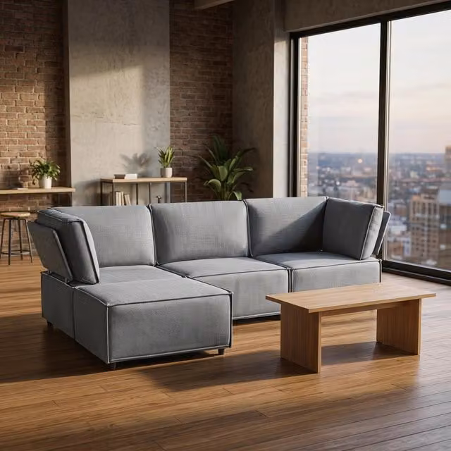 Divano angolare modulare MIVRAY con funzione letto, rivestimento in tessuto grigio, design moderno L/P/H: 238 x 154 x 75 cm – 1