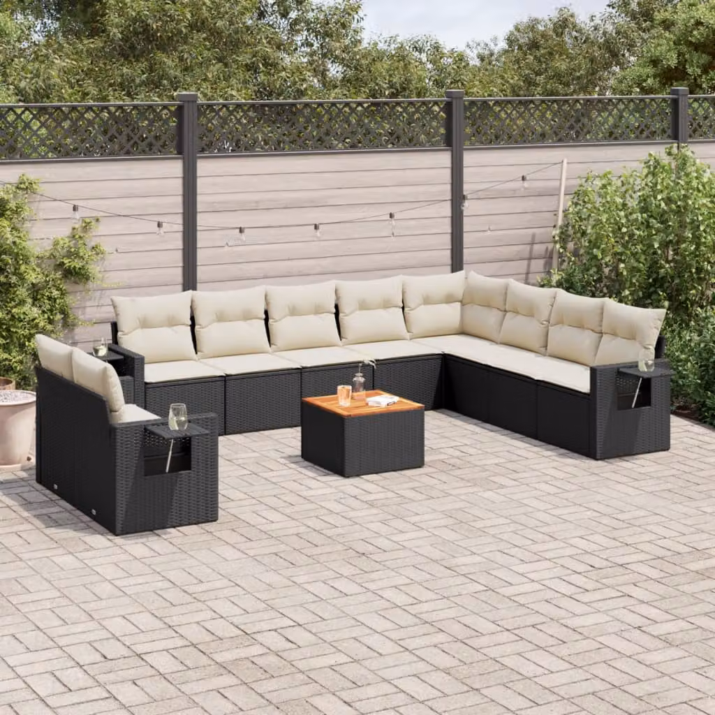 vidaXL Set Divani da Giardino 11 pz in Polyrattan Nero con Cuscini e Tavolino da Esterno – 1