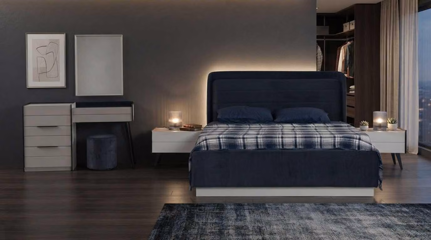 Set per camera da letto: letto, comodini, specchio, design moderno, colori blu e beige, elegante