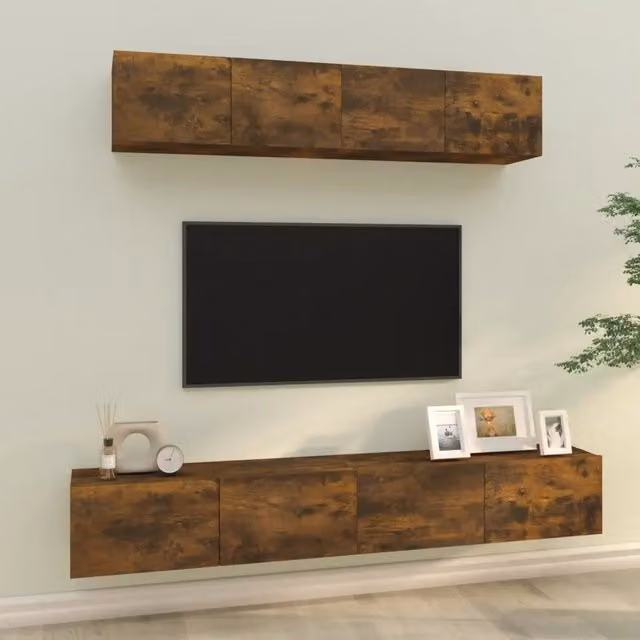 Set di mobili porta TV da 4 pezzi vidaXL in legno multistrato color rovere marrone opaco per soggiorno con montaggio a parete