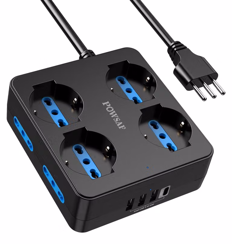 Presa multipla POWSAF con 4 prese quadrate e una barra di alimentazione con 4 porte USB