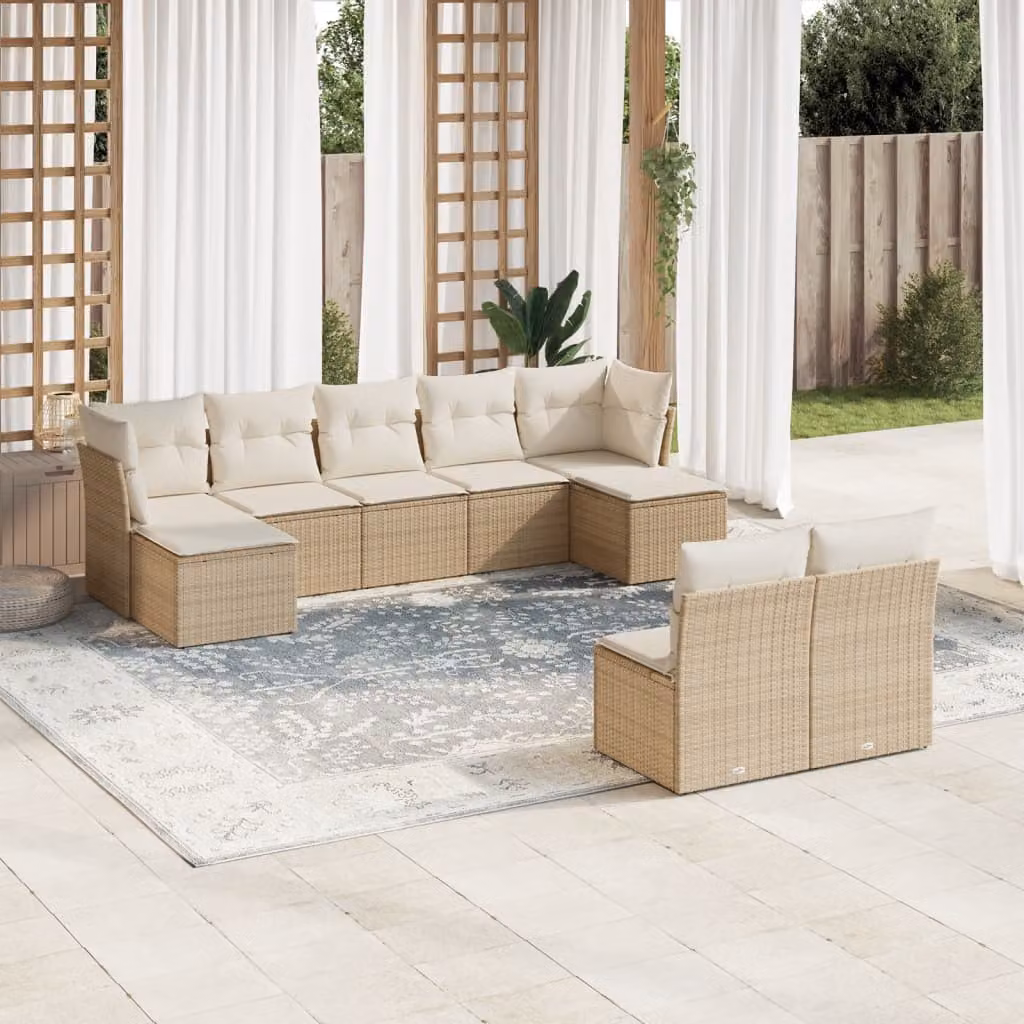 vidaXL Set Divano da Giardino 9 pz a Forma di L con Cuscini Beige e Struttura in Metallo e Polyrattan – 1