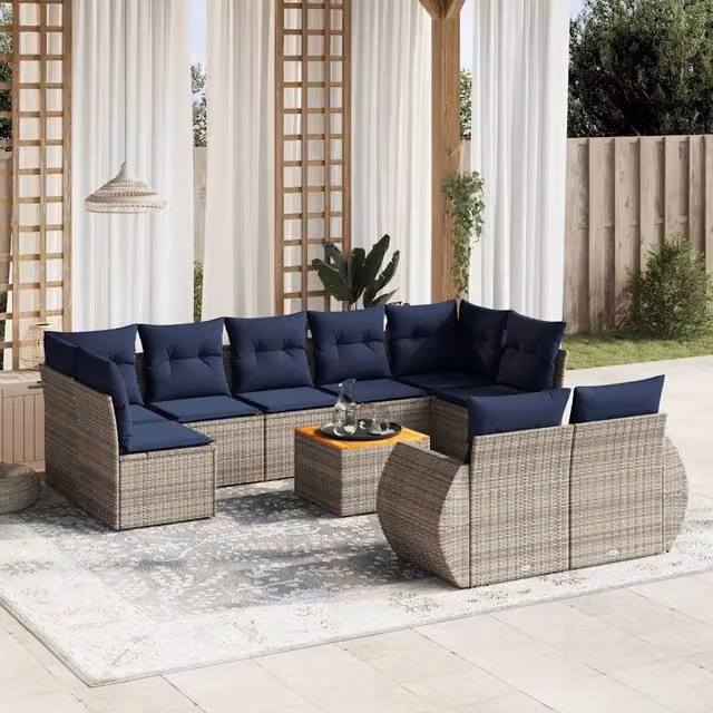 Set Divani da Giardino 10 pz con Cuscini Grigio in Polyrattan 3225158