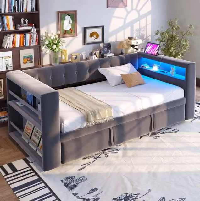 Divano letto multifunzione 90/180x190 cm con LED; prese e contenitore in flanella