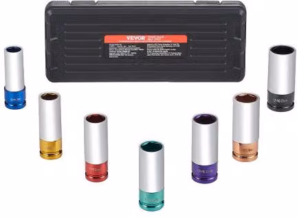 Set di 7 Bussole Metriche Profonde per Dadi Ruota VEVOR in Cromo Molibdeno con Attacco da 1/2 pollici, Misure: 17, 19, 21, 22, 23, 24, 27 mm