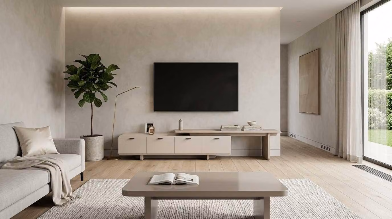 Set moderno per soggiorno: mobile TV a basso profilo, tavolino e divano, in legno beige, dal design elegante