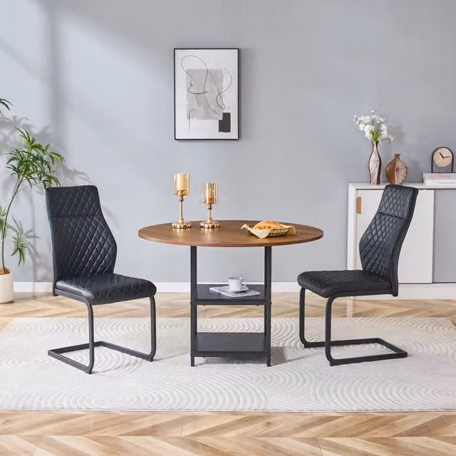 Set tavolo da pranzo rotondo Mivray con 2 sedie in PU nero e piano in MDF effetto noce, L: 120 cm, H: 75 cm