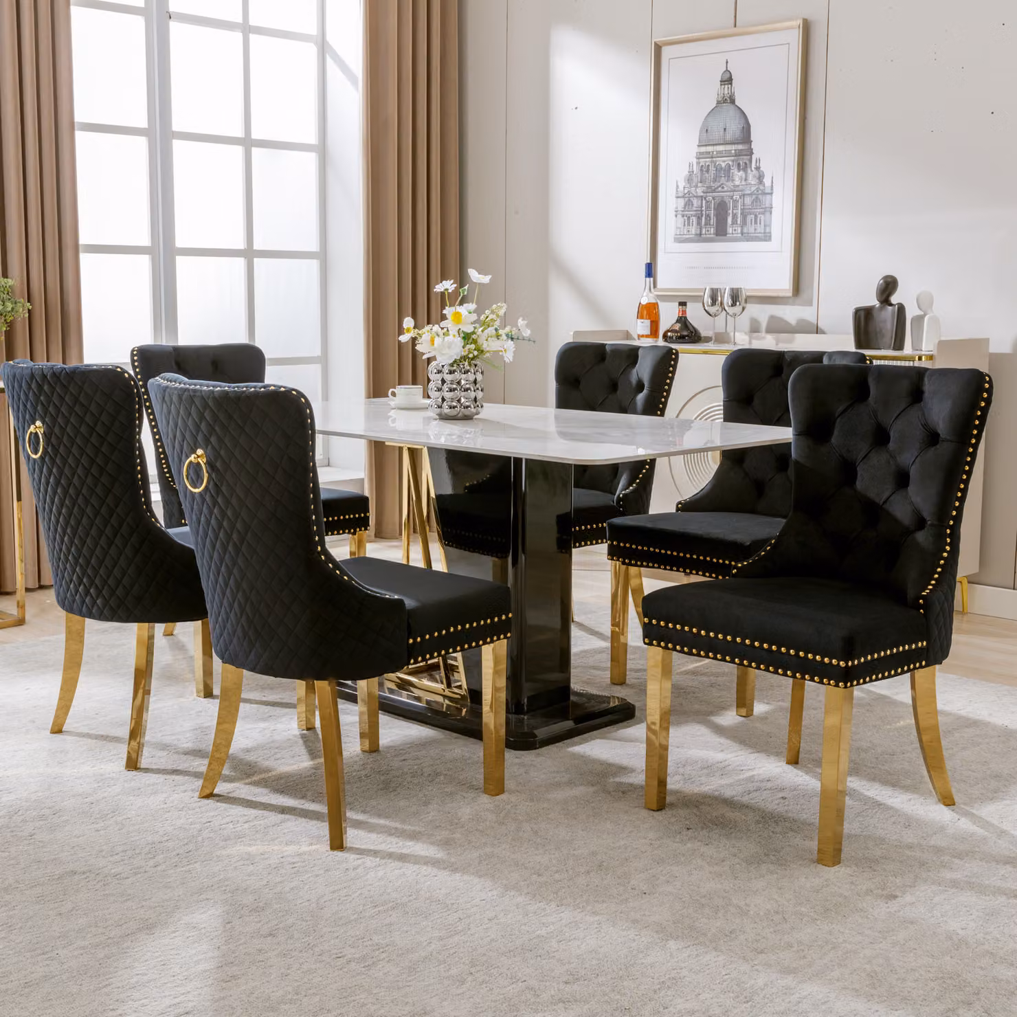 Set di 6 sedie da sala da pranzo Flieks, sedie da soggiorno sedie da cucina con gambe in acciaio inox, sedie imbottite sedie con schienale, rivestimento in velluto, nero