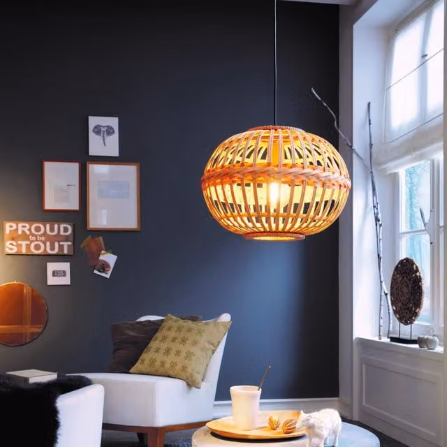 Lampadario a sospensione moderno Natura Amsfield Eglo in bambù e rattan, colore nero e marrone, Ø 38 cm, attacco E27