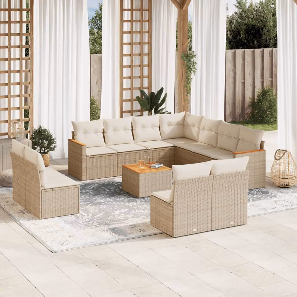 vidaXL Set Divani da Giardino 12 pz con Cuscini Beige e Tavolino in Polyrattan e Acciaio – 1
