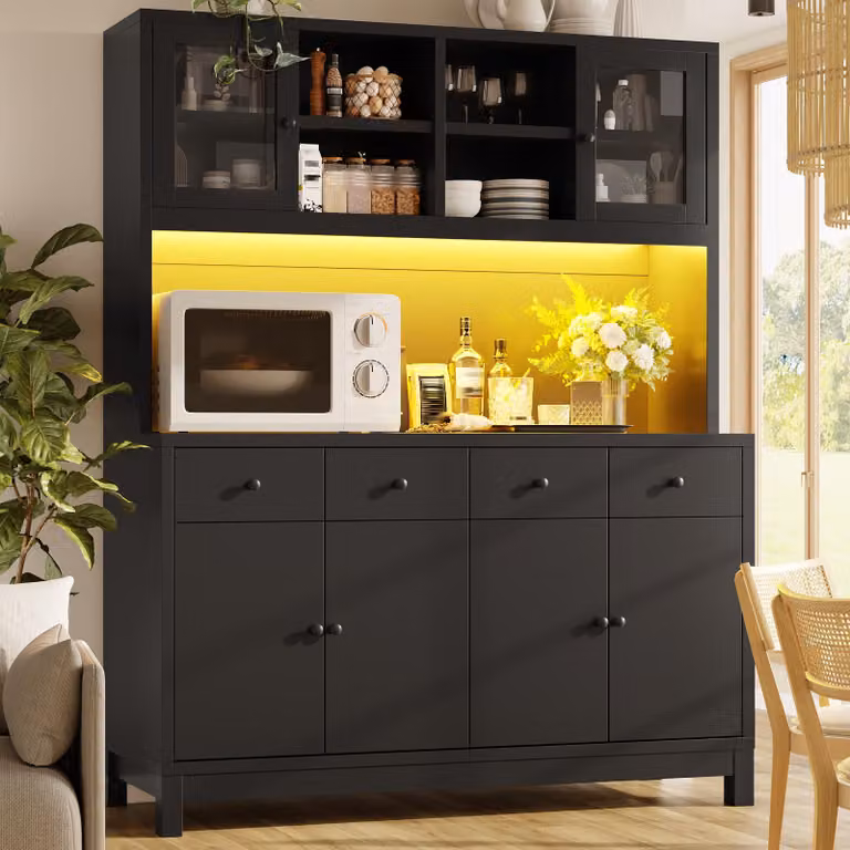Mobiletto buffet alto con illuminazione RGB controllata tramite app, ante in vetro, mobiletto da cucina con ripiani regolabili, credenza 140x38,5x180 cm, colore nero