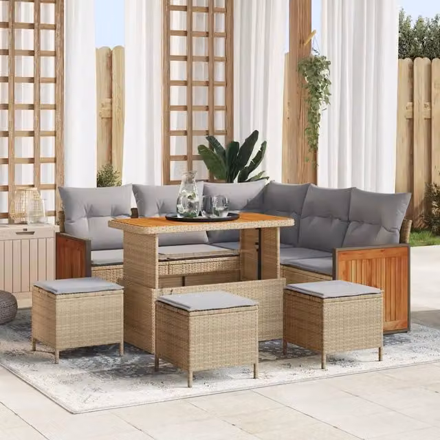 Set Divano da Giardino Moderno vidaXL a 9 Pezzi con Cuscini Beige e Grigio in Acciaio Verniciato e Legno di Acacia