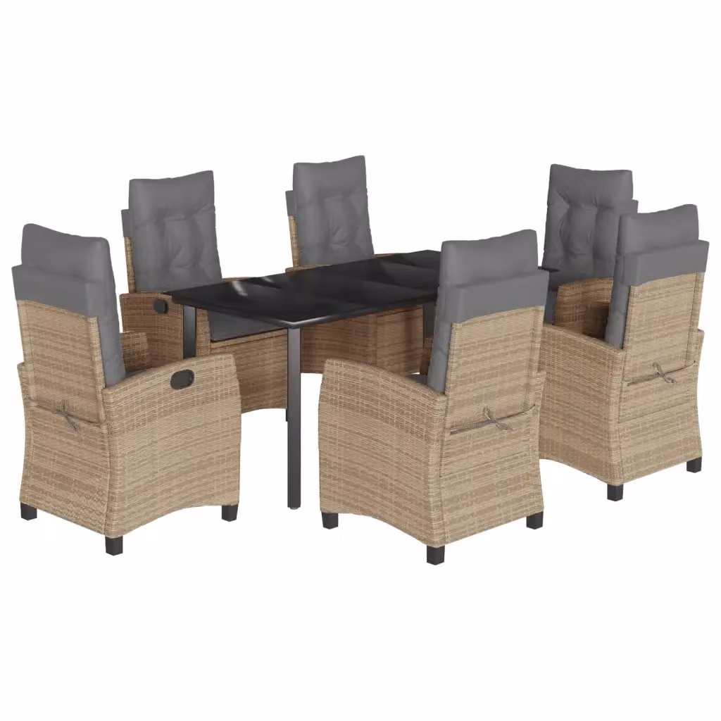 Set Pranzo da Giardino vidaXL in Polyrattan con Cuscini e Tavolo in Vetro, 7 Pezzi, Colore Beige Misto – 2