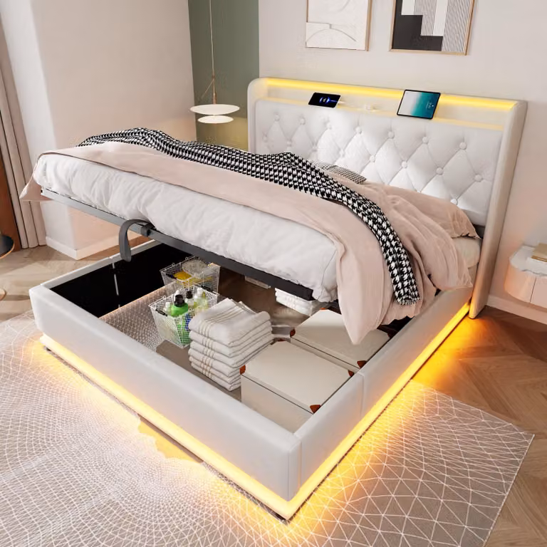 okwish Letto imbottito 140x190 Letto per ragazzi con testiera imbottita e funzione di ricarica USB Type-C, letto matrimoniale con illuminazione LED perimetrale e vano portaoggetti, bianco (senza materasso)