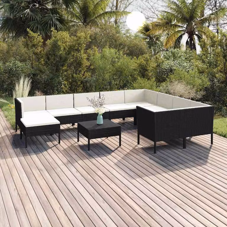 vidaXL Set Divani da Giardino 11 pz con Cuscini, Tavolino e Ottoman, Design Moderno a Forma di U, Colore Nero e Bianco