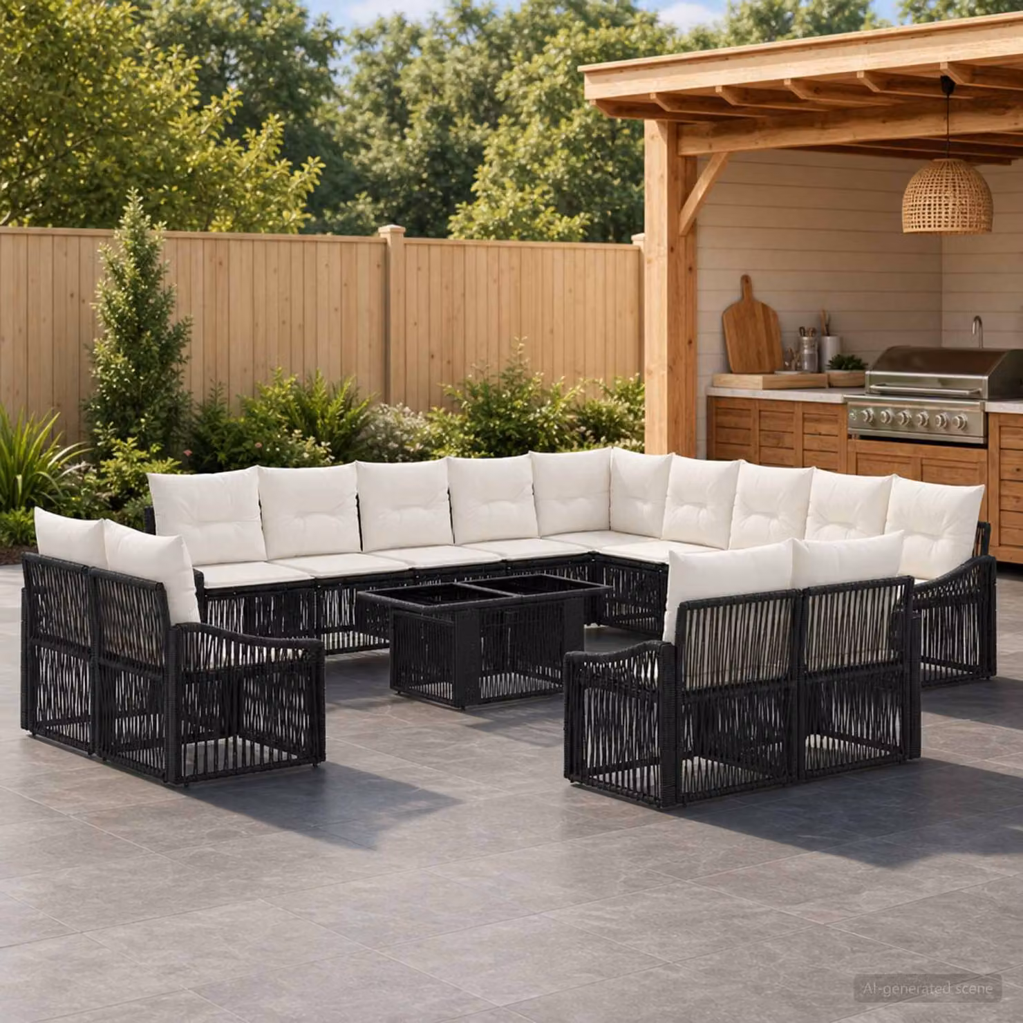 Set Divano da Giardino vidaXL 14 pz in Polyrattan Nero e Bianco Crema con Cuscini e Tavolino da Esterno
