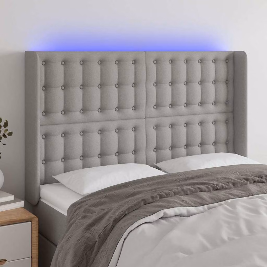 Testiera per letto vidaXL in tessuto grigio con illuminazione LED e porta di ricarica USB, L: 147 cm, P: 16 cm, H: 118/128 cm