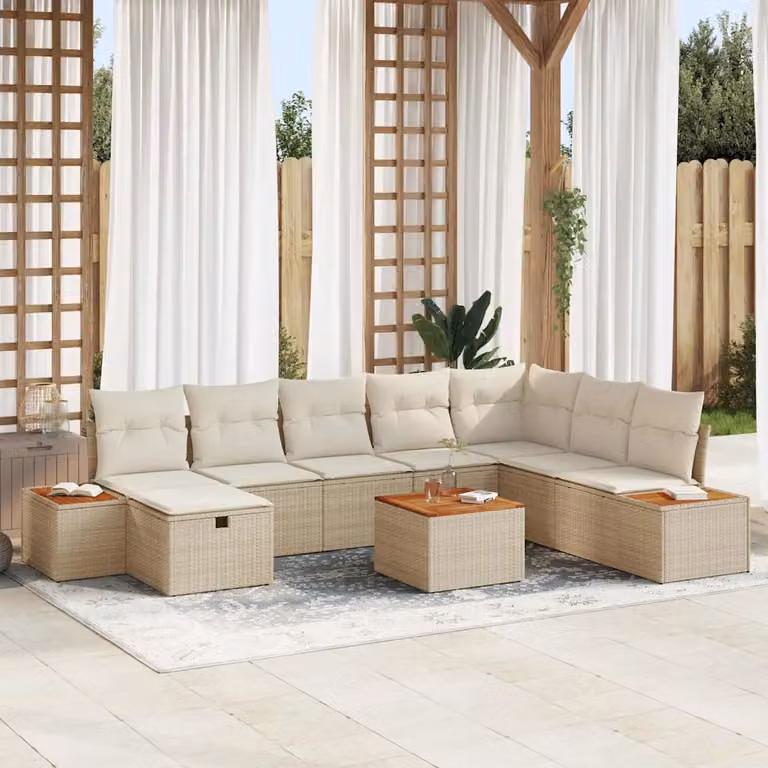 Set Divano da Giardino vidaXL 9 Pezzi Beige con Cuscini e Tavolino in Polyrattan e Acciaio