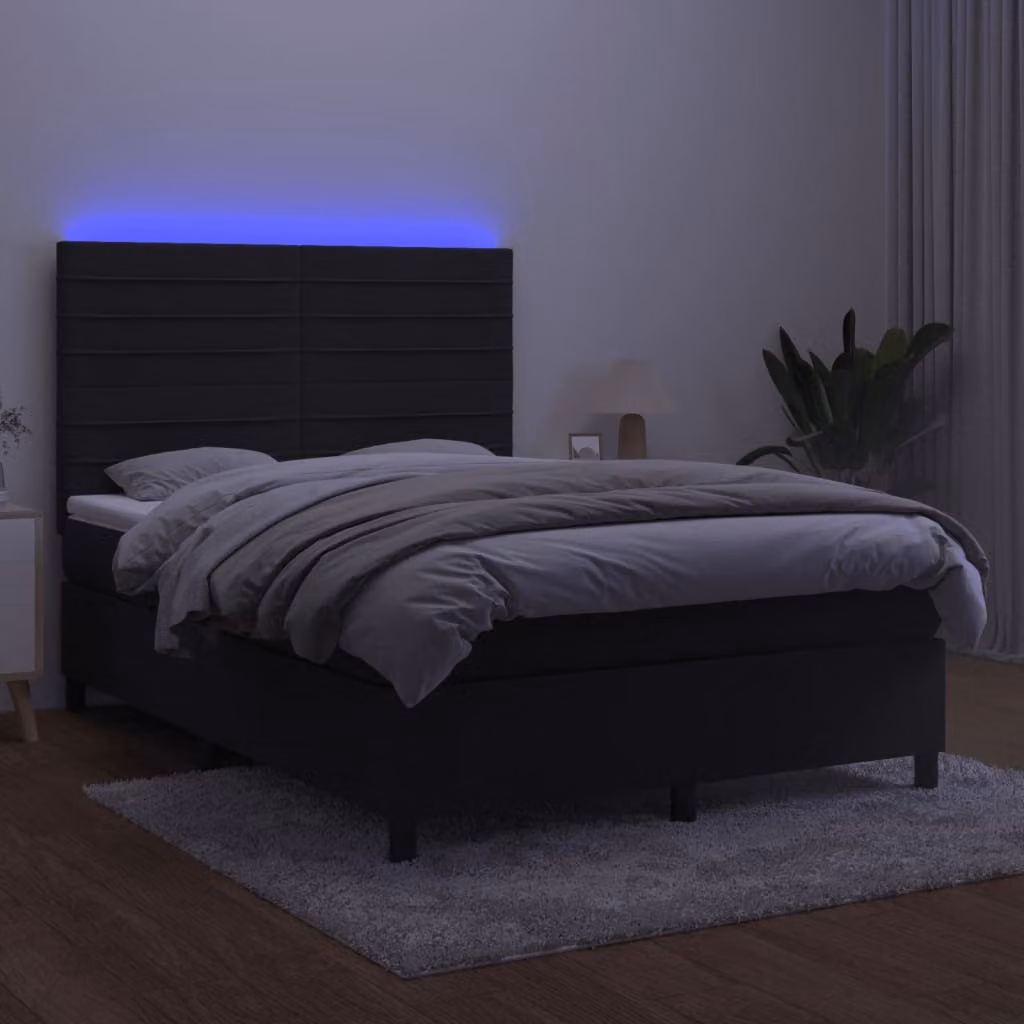 The Living Store Letto a molle con materasso e LED nero 140x200 cm in velluto