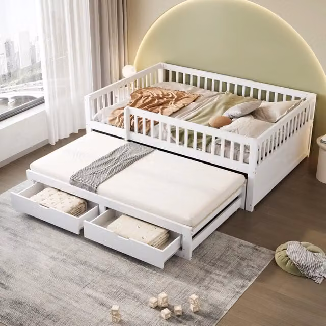 Divano letto in legno bianco 140x200 cm con letto estraibile e 2 cassetti