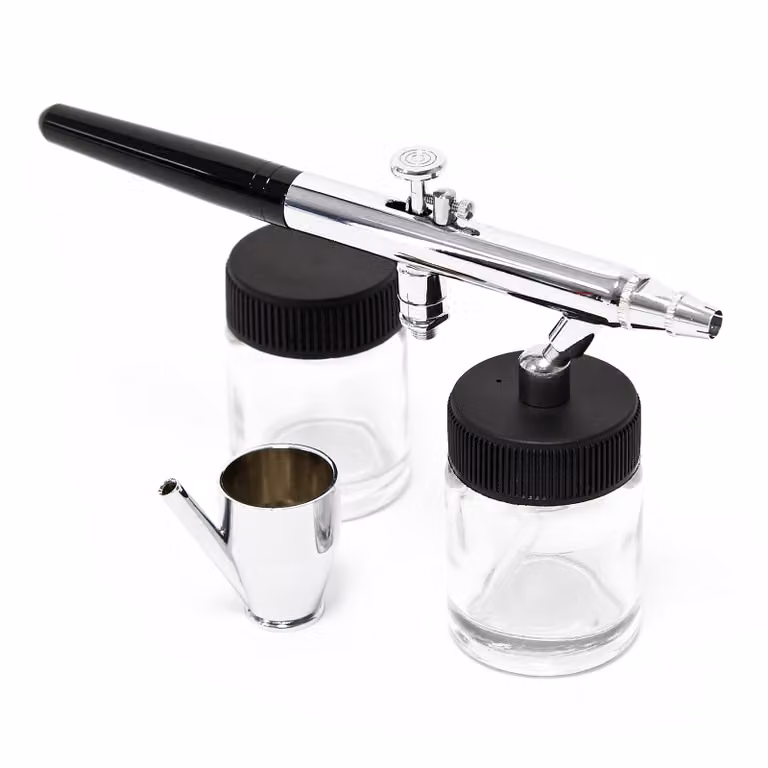 Pistola per aerografo Wiltec tipo 128 con funzione a doppia azione, ago e ugello Ø 0,35 mm, 3 tazze di colore, adattatore e tubo flessibile, per modellismo, nail art ecc.