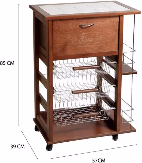 CARRELLO VESUVIO PORTAPANE+PORTABOTTIGLIE NOCE IN FAGGIO BASE INFERIORE MULTISTRATO DI BETULLA 1 CASSETTO 3 CESTELLI PIANO MATTONELLE IN CERAMICA