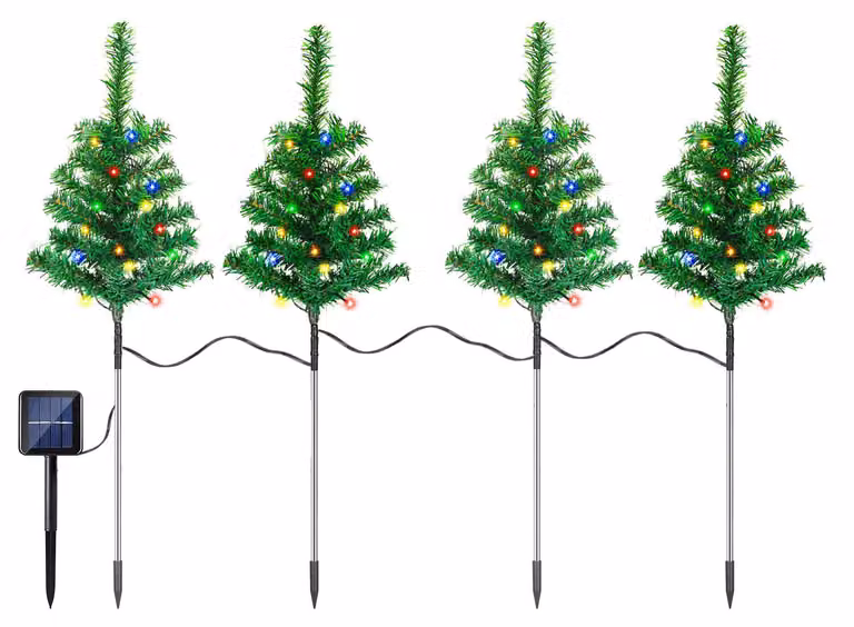 Ikodm, albero di Natale solare da giardino, set di 4 pezzi, 80 LED colorati, 8 modalità di illuminazione, 50 cm, decorazione natalizia per il giardino