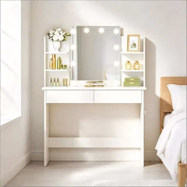 Toeletta Hollywood con specchio LED e doppio cassetto, 4 ripiani in legno e plastica, colore bianco, L: 90 cm, P: 40 cm, H: 135 cm – 1