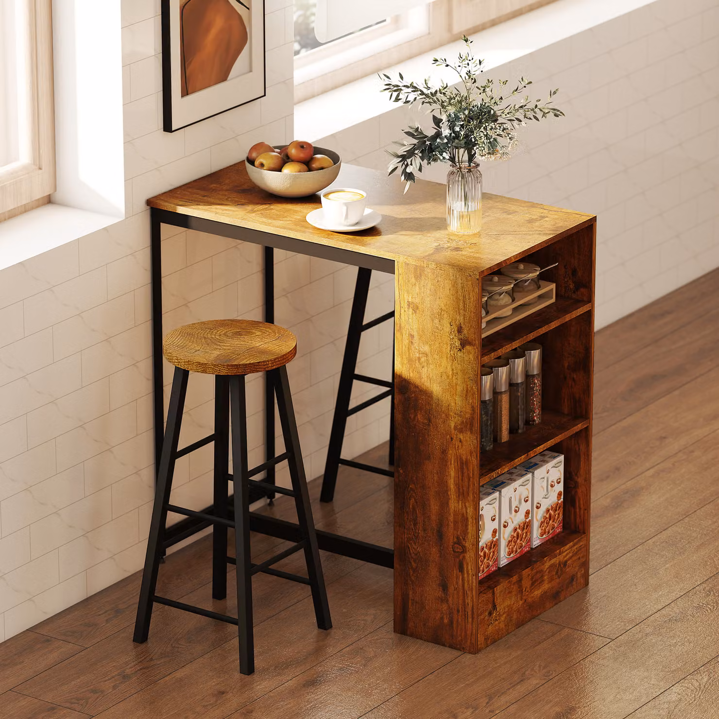 Set da Pranzo HOMCOM in Stile Industriale con Bancone Bar a 3 Ripiani e 2 Sgabelli Alti, Marrone e Nero – 2
