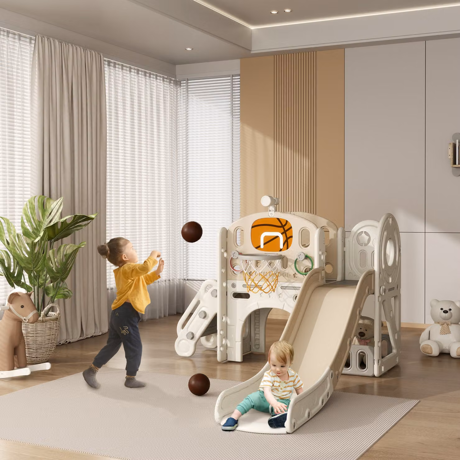 AIYAPLAY Struttura di gioco 7 in 1 per bambini con scivolo, tunnel rampicante e spazio di archiviazione, Bianco crema, L: 186 cm, P: 153 cm, H: 111 cm – 2