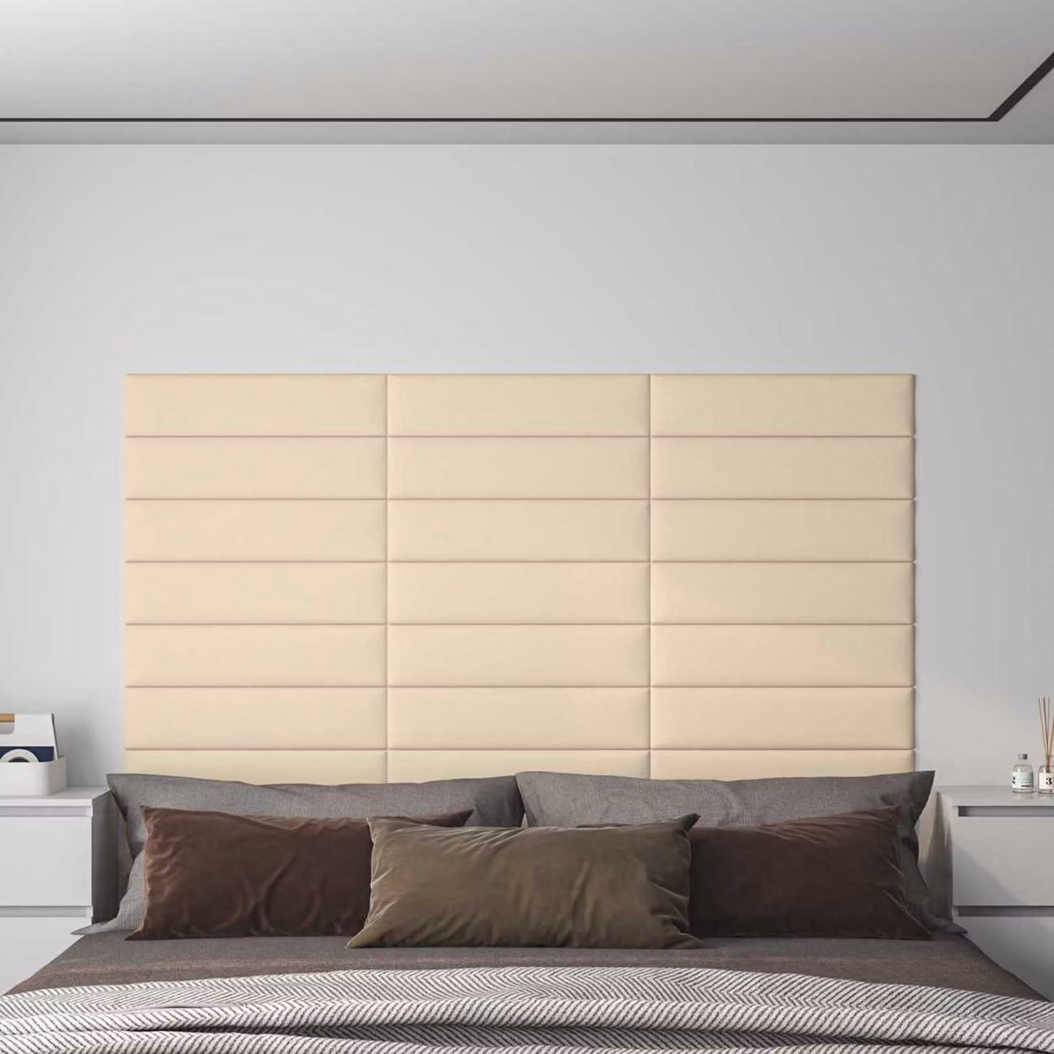 Set di 12 pannelli per testiera da parete vidaXL in tessuto beige, L: 60 cm, H: 15 cm, P: 1,5 cm