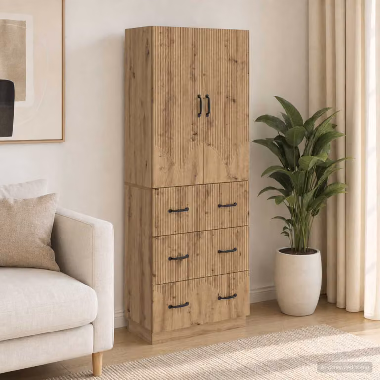 Set di 2 armadi moderni vidaXL in legno e metallo marrone con ante scorrevoli e cassetti, L/P/H: 66 x 34,5 x 87 cm