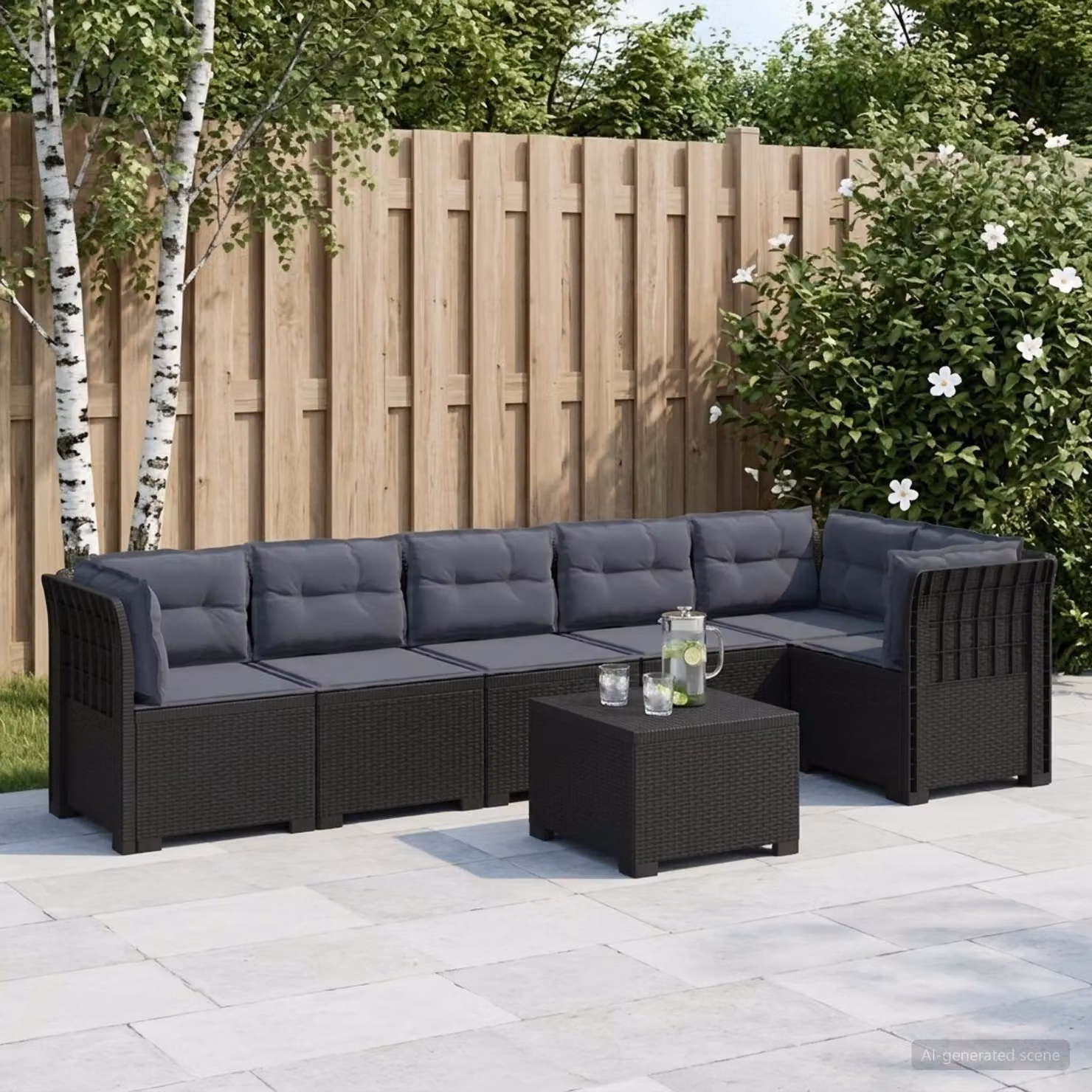 Set da giardino vidaXL a forma di L con divano da 6 posti, tavolino e cuscini, colore grigio antracite, design moderno in rattan resistente alle intemperie