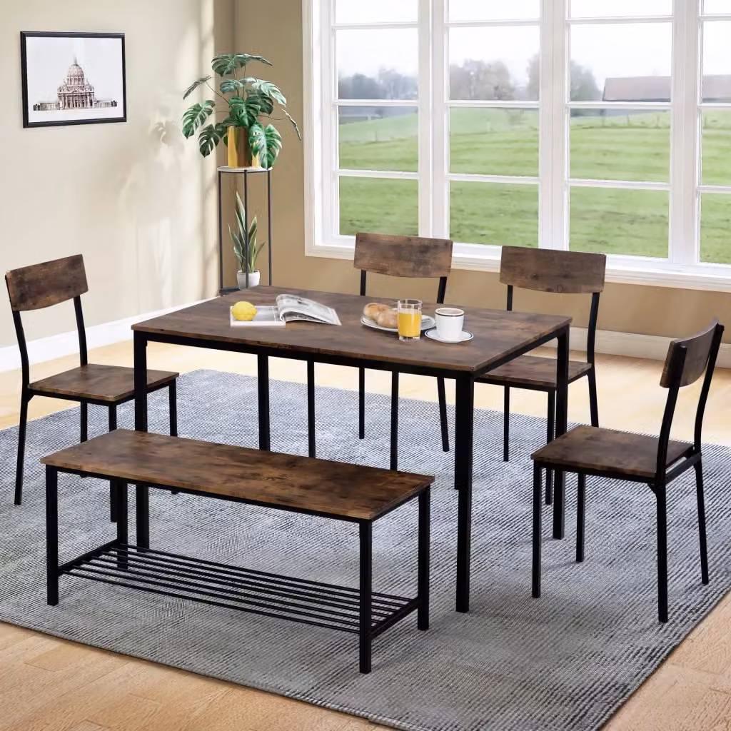 Set da pranzo WISHDOR in stile industriale con tavolo rettangolare, 4 sedie e panca, finitura marrone e nera con struttura in metallo e piano in MDF laminato – 2