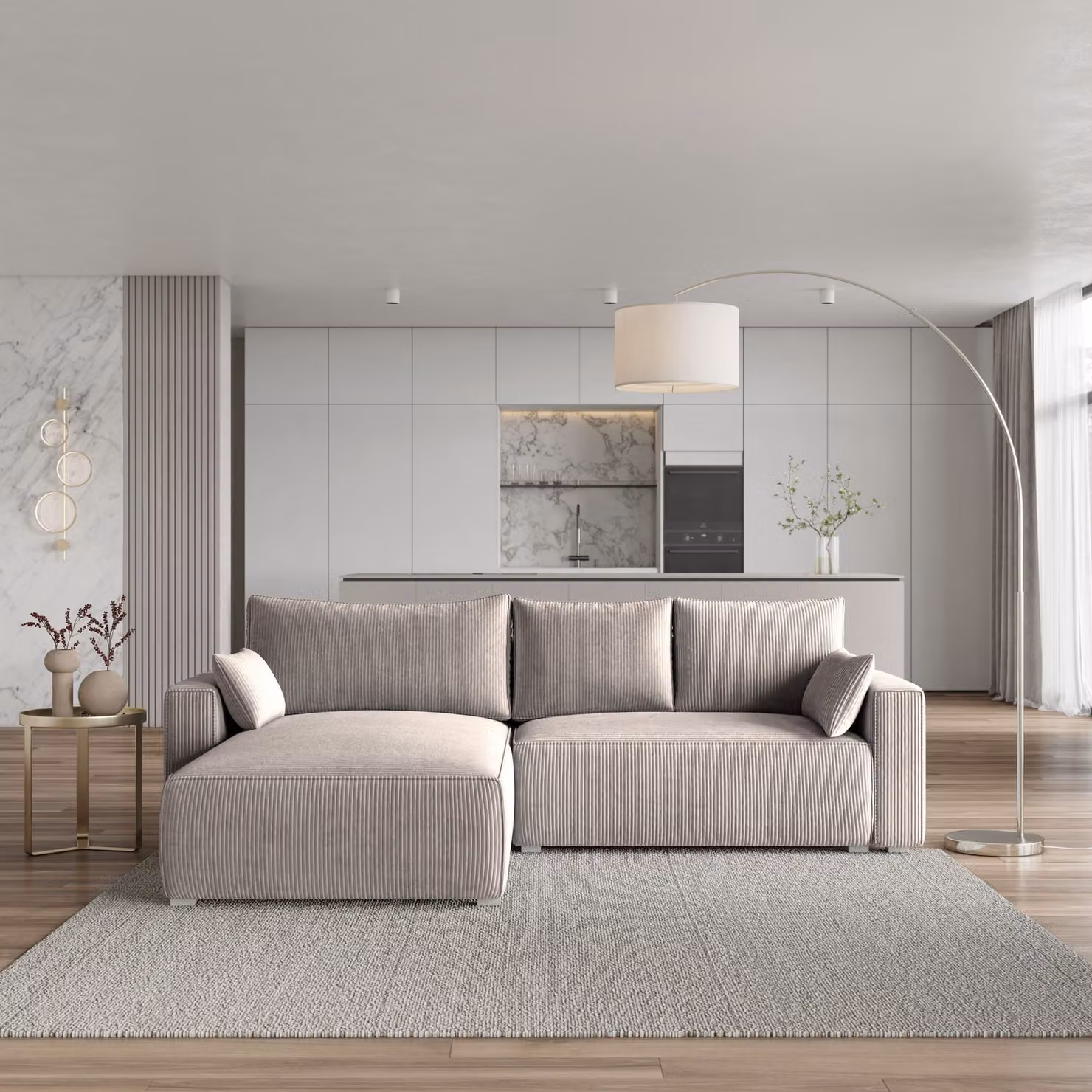 Divano angolare Masseno FORIL P con funzione letto a L, divano con box letto, divano da salotto, divano, divano, divano letto, set di divani - beige, POSO 02