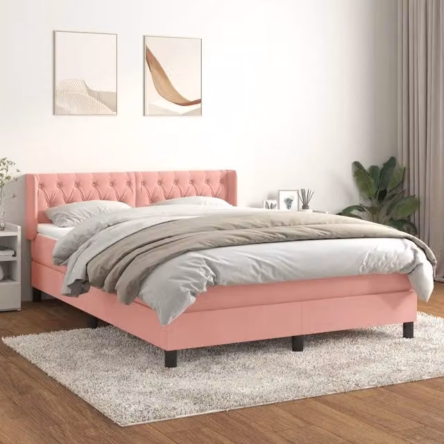 Letto con Giroletto a Molle e Materasso Ibrido vidaXL in Velluto Rosa e Bianco L/P/H: 203 x 147 x 88 cm