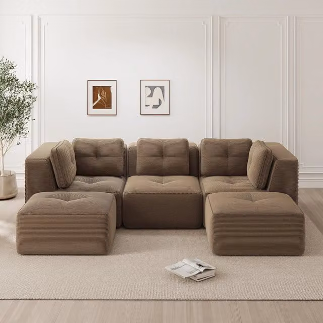Divano angolare modulare MIVRAY in velluto a coste marrone con funzione letto e pouf coordinato